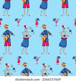 Seamless pattern featuring skeletons in Hawaiian tribal outfits dancing, fun summer print for textile 