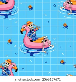 Seamless pattern featuring skeletons in Hawaiian shirts enjoying cocktails while floating on flamingo-shaped inflatables in a pool