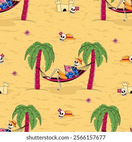 Seamless pattern featuring skeletons in Hawaiian shirts reading book on summer beach, fun print for textile