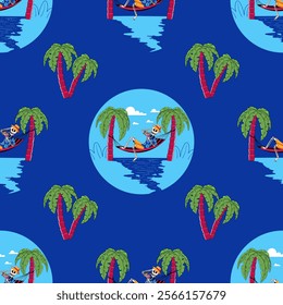 Seamless pattern featuring skeletons in Hawaiian shirts drinking cocktails, fun summer print for textile with palm tree