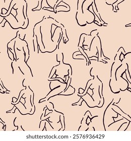 Seamless pattern featuring sketchy silhouettes of men and women in a Renaissance-inspired outline style on a beige background. Ideal for artistic projects, wallpapers, and fashion or decor designs