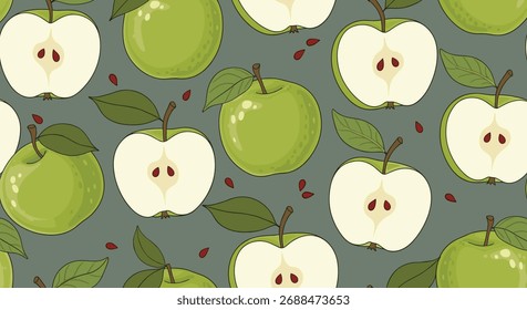 Um padrão sem costura com maçãs verdes fatiadas e inteiras espalhadas por um fundo texturizado.