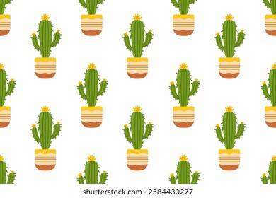 A seamless pattern featuring small cacti in ceramic pots. Great for wallpapers, textiles, and backgrounds