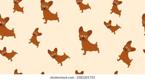 Seamless pattern featuring a small French Bulldog dog in a brown tone. The dog is arranged randomly in the pattern.