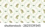 seamless pattern featuring small green dinosaurs surrounded by leafy shaped frames and green bows on white background for children design