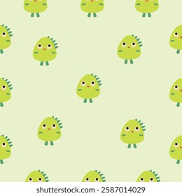 Seamless pattern featuring small green dinosaur-like creatures with spikes on a light green background. Friendly and cute design