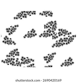 A seamless pattern featuring small, hand-drawn daisy or wildflower shapes in a simple black outline on a white background. The flowers are grouped together into dense, irregular clusters scattered acr