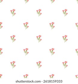  seamless pattern featuring small pink flowers arranged organically on a white background, suitable for textile designs, wallpapers, and other decorative purposes emphasizing subtle beauty .