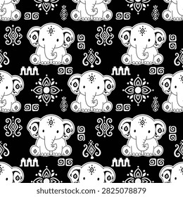 Seamless pattern featuring a small, tribal-style elephant, incorporating Thai elephants and abstract cultural motifs related to the lifestyle and culture of elephants design for fabric, print, decoration, wrap, paper background