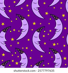 A seamless pattern featuring smiling crescent moons with starry caps and golden stars scattered on a vibrant purple background. Perfect for fabric designs, wallpapers, or celestial-themed projects.