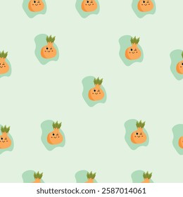 Seamless pattern featuring smiling, round onions with green tops on a light green background.
