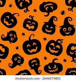 Seamless pattern featuring smiling jack-o’-lanterns and witch hats on orange background for festive decorations.