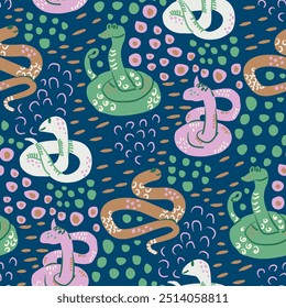 Seamless pattern featuring snakes in various colors, surrounded by abstract dots and shapes on a dark blue background. Vector hand drawn animal surface pattern design.