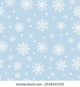 Patrón sin fisuras con copos de nieve y estrellas sobre un fondo azul claro.