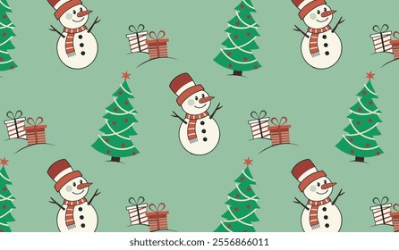 Seamless pattern featuring snowmen, decorated Christmas trees, wrapped presents, light green background. Flat festive design. For wrapping paper, wallpaper, holiday fabric prints