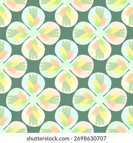 Seamless pattern featuring soft pastel flowers with geometric leaf petals on a green background. Perfect for fabric, wallpaper, wrapping paper, and home decor