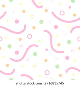 Patrón sin fisuras con suaves círculos pastel y líneas de garabatos sobre un fondo blanco limpio. Perfecto para fondos, textiles y diseños que requieren un toque suave y minimalista.