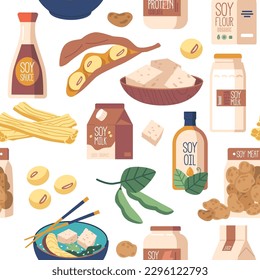 Seamless Pattern Featuring Soy Products Such As Tofu, Soy Sauce, Milk, Flour And Edamame In A Repeating Design