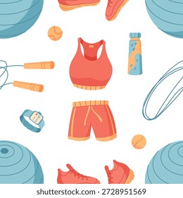 Padrão contínuo com equipamento de esporte e treino em estilo plano. Inclui acessórios de ginástica como sapatos, corda e garrafa. Perfeito para treinamento, exercícios, temas de bem-estar.