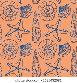 Seamless Pattern Featuring Starfish and Seashells on an Orange Background. Stylish repeating pattern of hand-drawn starfish and seashells in blue on a vibrant orange background, perfect for summer 