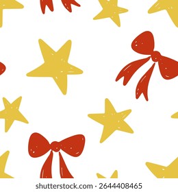 Seamless pattern featuring stars and bows on a white background. Vector illustration