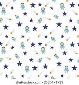 Seamless pattern featuring stars, space objects, and robots in a fun, futuristic design. Perfect for kids' products, textiles, wallpapers, and digital projects, adding a playful, sci-fi vibe to any cr