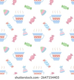 Seamless pattern featuring steaming blue mugs of hot drink paired with colorful wrapped candies on a white background
