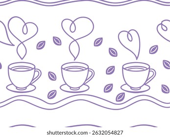 Seamless pattern featuring steaming coffee cups with heart-shaped steam and falling leaves in minimal purple line art. Cozy café-inspired design with a romantic twist.