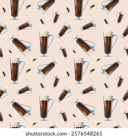 A seamless pattern featuring steaming glass coffee cups, crafted in a warm color palette in vector style. Ideal for creating backgrounds, menu designs, wallpapers, or gift wrapping.