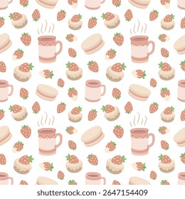 Seamless pattern featuring steaming mugs strawberries and treats on a white background