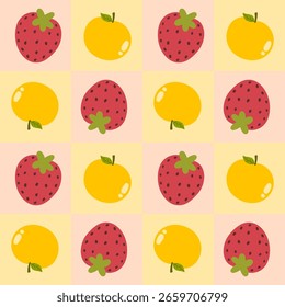 Padrão sem emenda com morangos e laranjas criando um olhar lúdico e repetitivo