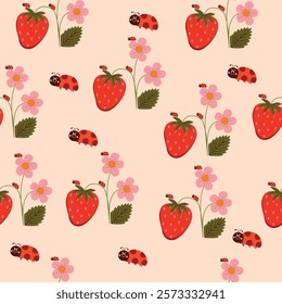  A seamless pattern featuring strawberries, pink flowers, and ladybugs on a light background. The elements create a playful and nature-inspired repeating design