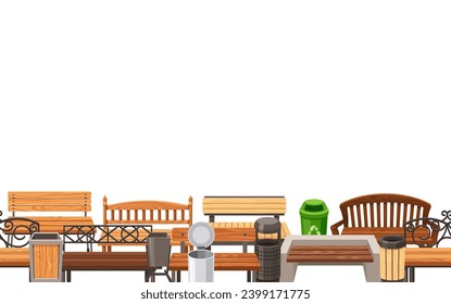 Seamless Pattern Featuring Street Benches And Garbage Bins Arranged In A Repetitive, Tile Design, Horizontal Border