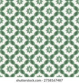 Seamless pattern featuring stylised floral and geometric motifs in calming sage green tones on a soft neutral background. Balanced and decorative, this design blends modern and organic influences, ideal for textiles, wallpaper, packaging, and surface design.
