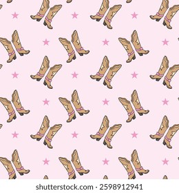 A seamless pattern featuring stylish cowboy boots with pink accents and stars on a soft pink background. Perfect for western-themed designs and fashion lovers