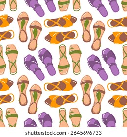 A seamless pattern featuring stylish summer sandals, capturing the essence of warm weather and outdoor fun. This colorful design is perfect for fashion projects, beachwear, and tropical-themed decor.