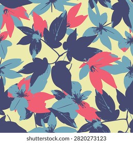 Seamless pattern featuring stylized Acer davidii maple leaves and flowers. Ideal for textile print, wallpaper, and background design.