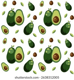 Seamless pattern featuring stylized avocado halves with green skin and brown pits on a light background, perfect for food-themed designs, textiles, and packaging.