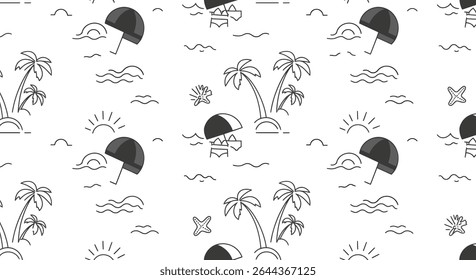 Seamless pattern featuring stylized beach elements: palm trees, sun, waves, beach umbrella, starfish, and swimwear in a simple line art style.