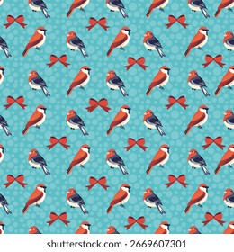 Seamless pattern featuring stylized birds and red bows on a blue polka dot background