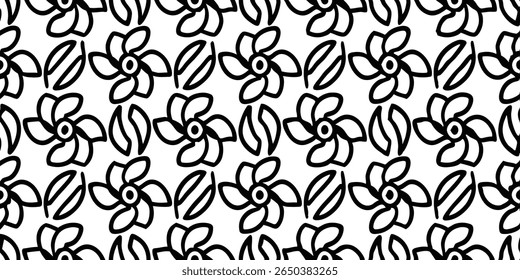 A seamless pattern featuring stylized black line art flowers with five petals and simple oval leaf shapes against a clean white background.