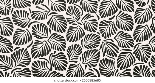 A seamless pattern featuring stylized black tropical leaves with a painterly texture against a light cream background, evoking a modern botanical aesthetic.