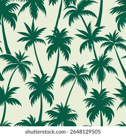 A seamless pattern featuring stylized, dark green silhouettes of palm trees against a light cream background. The tropical design evokes a sense of summer and vacation.