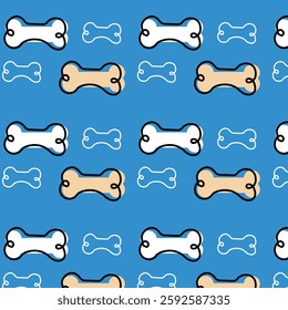 seamless pattern featuring stylized dog bones in white and beige against a bold blue background.