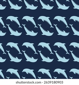 Seamless pattern featuring stylized dolphins in a soft light blue hue, gracefully leaping on a deep dark blue background. A serene and sophisticated marine-themed design. Vector dolphins wallpaper.