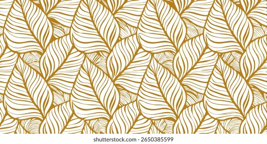 Um padrão perfeito com folhas estilizadas e alongadas em um rico contorno dourado contra um fundo branco nítido, criando um design botânico sofisticado.