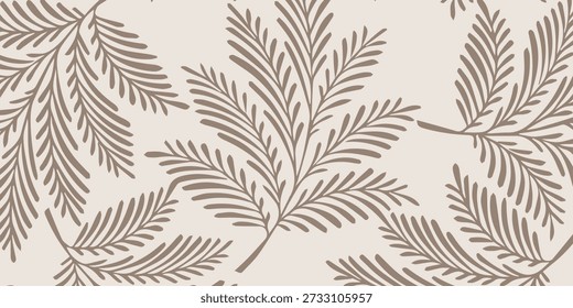 A seamless pattern featuring stylized fern leaves in a muted brown hue, arranged gracefully against a soft, light-colored background, creating a serene and natural aesthetic.