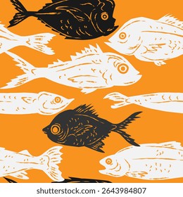 Seamless pattern featuring stylized fish in a linocut or hand-printed graphic style. A decorative, repeatable design perfect for packaging, textiles, restaurant branding, interior decor.
