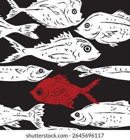Seamless pattern featuring stylized fish in a linocut or hand-printed graphic style. A decorative, repeatable design perfect for packaging, textiles, restaurant branding, interior decor