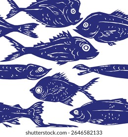 Seamless pattern featuring stylized fish in a linocut or hand-printed graphic style. A decorative, repeatable design perfect for packaging, textiles, restaurant branding, interior decor